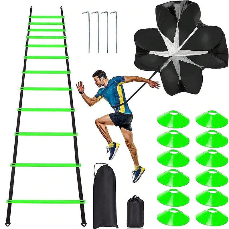 Nylon Agility Ladder Speed Training Set - 12 Disc Cones, 4 Steel Piles, 1 Resistance Umbrella