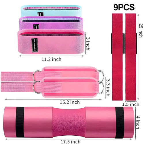 9 Pcs Barbell Pad Set for Squats, Hip Thrusts, and Lunges with Ankle Straps and Resistance Bands