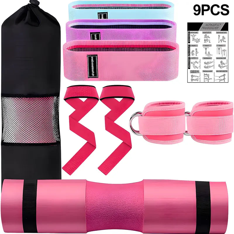 9 Pcs Barbell Pad Set for Squats, Hip Thrusts, and Lunges with Ankle Straps and Resistance Bands