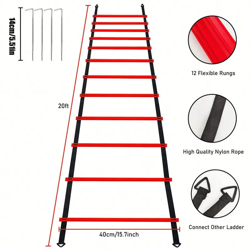 Nylon Agility Ladder Speed Training Set - 12 Disc Cones, 4 Steel Piles, 1 Resistance Umbrella
