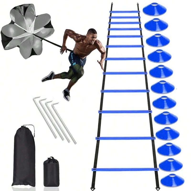 Nylon Agility Ladder Speed Training Set - 12 Disc Cones, 4 Steel Piles, 1 Resistance Umbrella