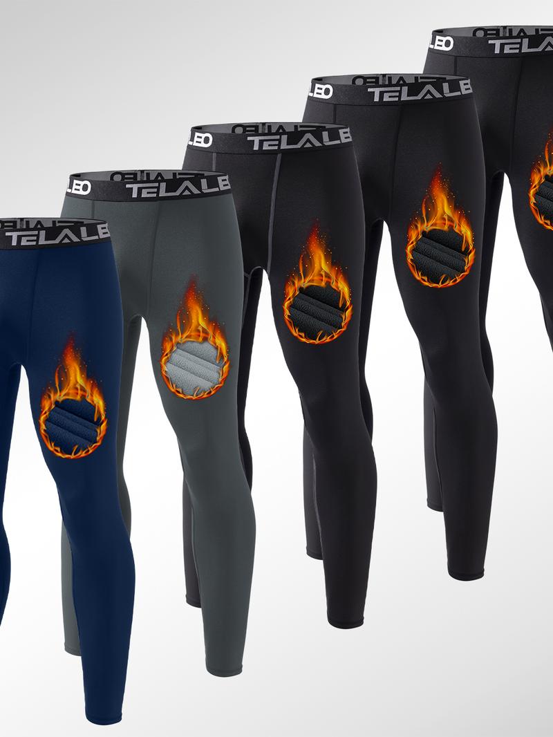 5-Pack Men's Fleece Lined Thermal Compression Pants - Snug Fit Warm Athletic Leggings
