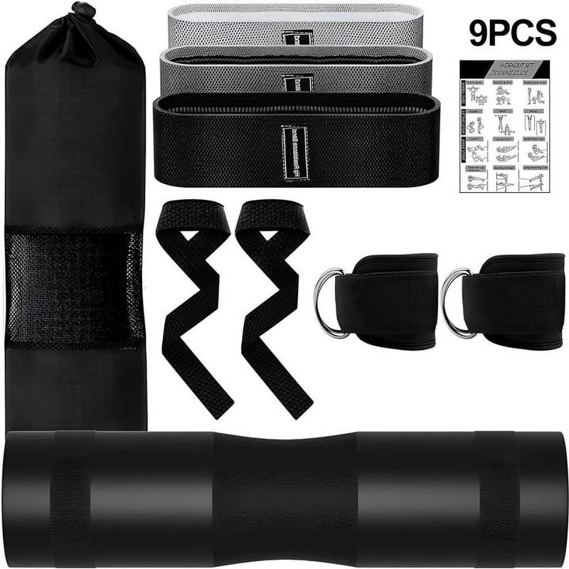9 Pcs Barbell Pad Set for Squats, Hip Thrusts, and Lunges with Ankle Straps and Resistance Bands