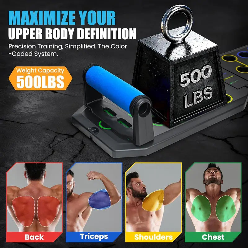 28-Hole Enhanced Push-up Board Fitness Kit - Foldable Home Workout Equipment with Resistance Bands