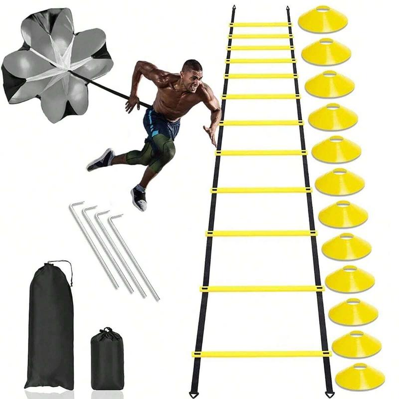 Nylon Agility Ladder Speed Training Set - 12 Disc Cones, 4 Steel Piles, 1 Resistance Umbrella