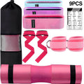 9 Pcs Barbell Pad Set for Squats, Hip Thrusts, and Lunges with Ankle Straps and Resistance Bands