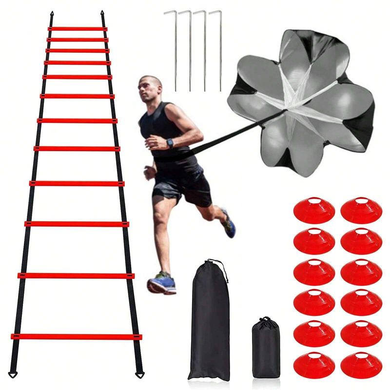 Nylon Agility Ladder Speed Training Set - 12 Disc Cones, 4 Steel Piles, 1 Resistance Umbrella