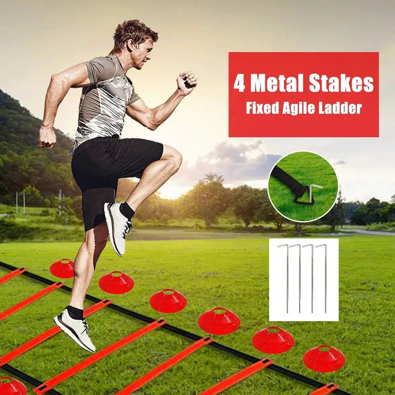 Nylon Agility Ladder Speed Training Set - 12 Disc Cones, 4 Steel Piles, 1 Resistance Umbrella