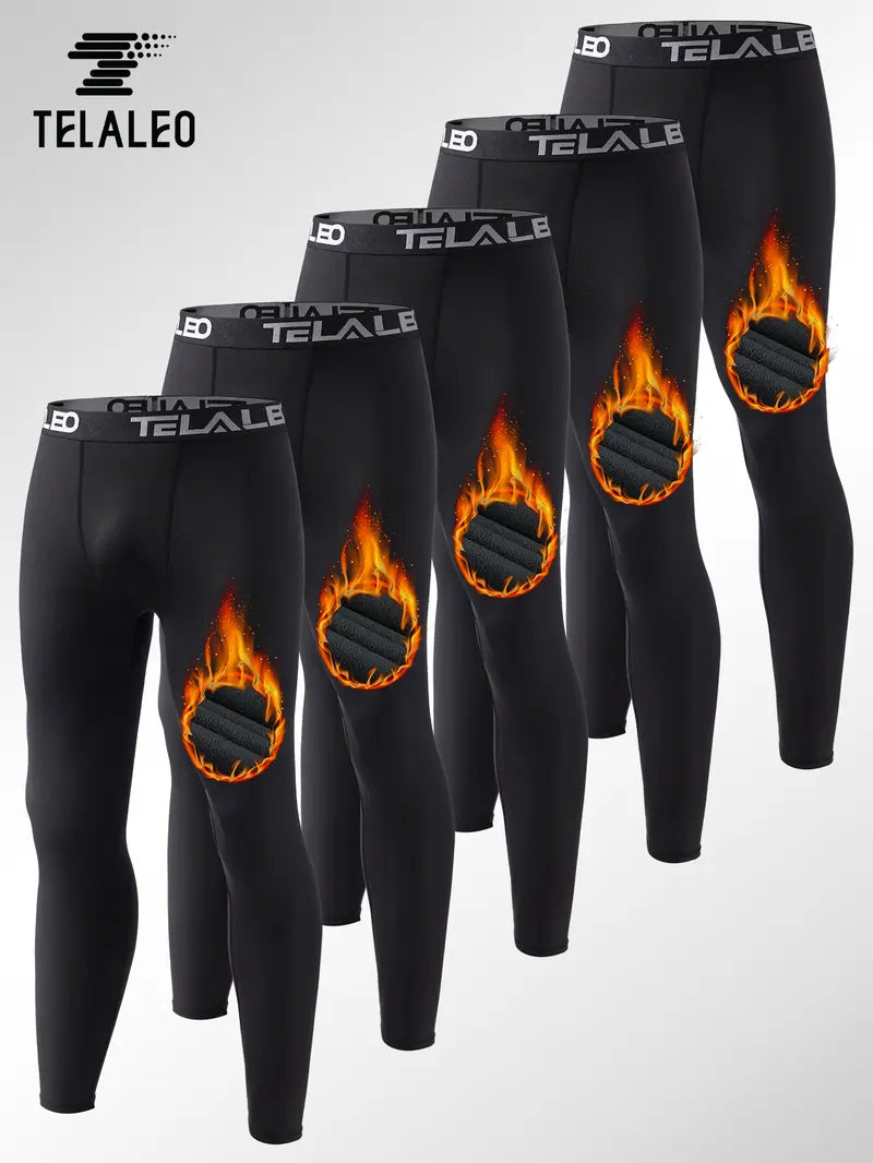 5-Pack Men's Fleece Lined Thermal Compression Pants - Snug Fit Warm Athletic Leggings
